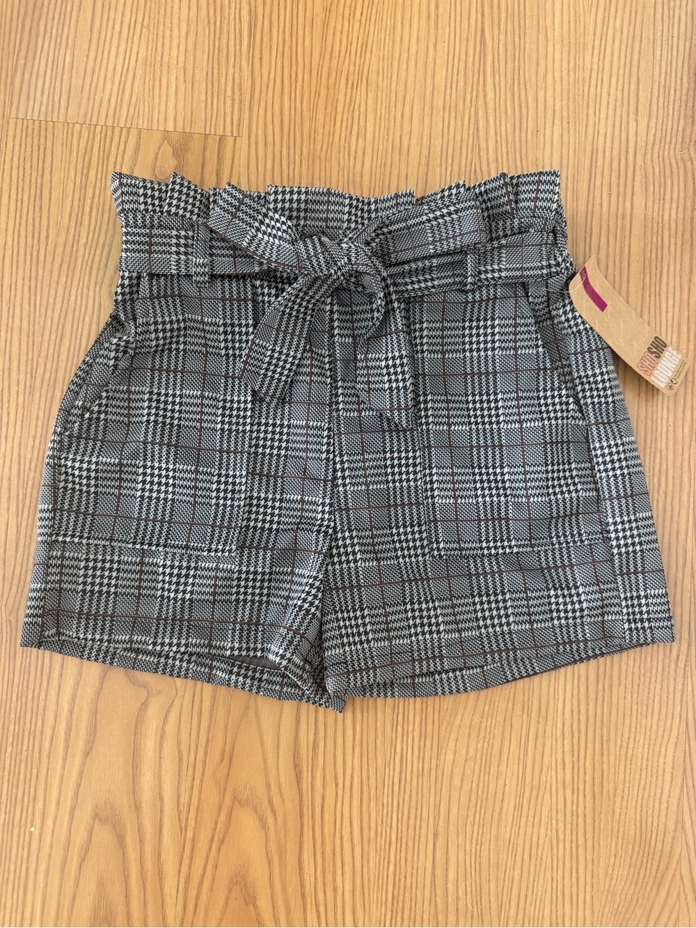 shosho Gray Plaid High-Waist Paperbag Shorts